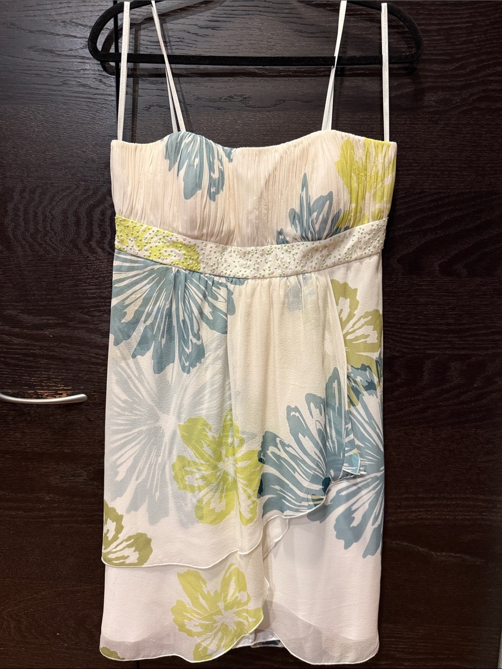 BCBG  Silk Cream Mini Dress with Blue & Lime Floral Print